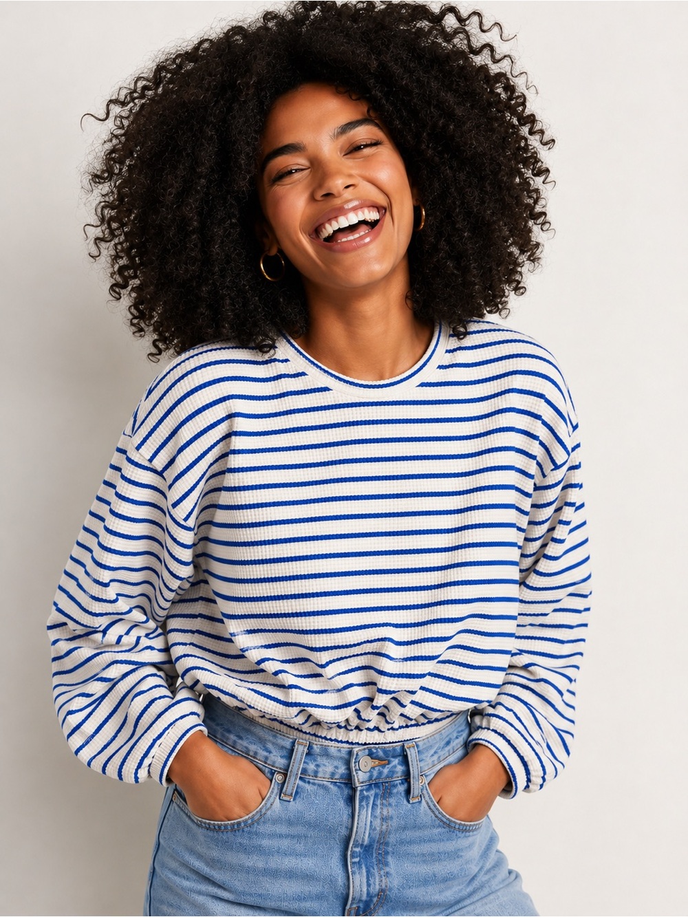 MOTHER Cream & Blue Striped Waffle Top